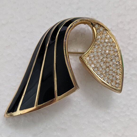 CHRISTIAN DIOR Gold Tone Black Enamel Pave Rhinestone Abstract Brooch Pin - Picture 2 of 4